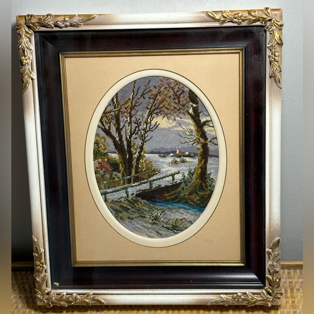 WIEHLER GOBELIN EMBROIDERY TAPESTRY Winter Scene in beautiful Framed